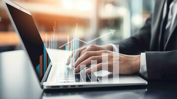 businessman hand with laptop computer and statistics chart. business strategy planning for success. generative AI photo