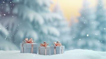 gift boxes on white snow with blur pine forest in winter background. generative AI photo