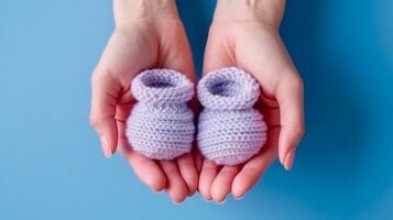 tejido de punto para recién nacido, tejer. botines, parte superior ver en un suave rosado azul beige antecedentes foto