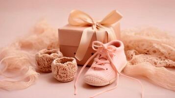 knitting for a newborn, crochet.booties, dress top view on a soft beige background,tenderness,knitting needles,baby legs,lace ribbon and feathers in vintage style,AI generated photo