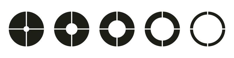 Wheels round divided in four sections. Diagrams infographic set. Circle section graphs. Pie chart icons. Donut charts, pies segmented on 4 equal parts. Geometric elements. Vector simple illustration.