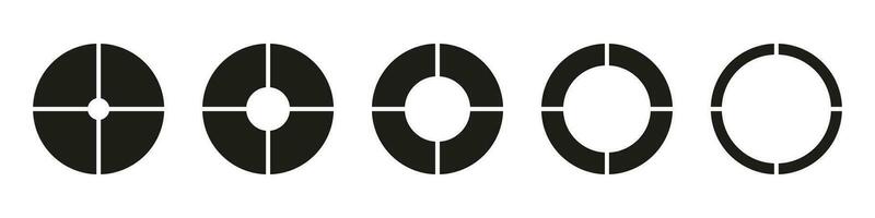 Wheels round divided in four sections. Diagrams infographic set. Circle section graphs. Pie chart icons. Donut charts, pies segmented on 4 equal parts. Geometric elements. Vector simple illustration.