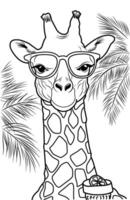 Coloring giraffe on the beach. Coloring page cool trendy giraffe in a hat and sunglasses drinking a cocktail on the beach vector