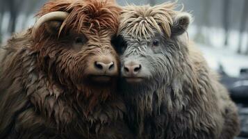 foto de conmovedor dos yaks con un énfasis en expresión de amor. generativo ai