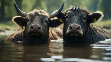 photo of heart-melting two Water Buffalos with an emphasis on expression of love. Generative AI