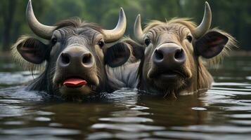 photo of heart-melting two Water Buffalos with an emphasis on expression of love. Generative AI