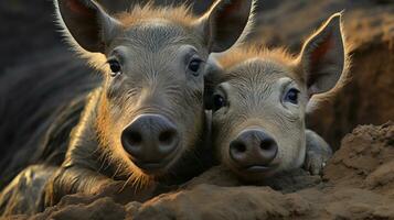 photo of heart-melting two Warthogs with an emphasis on expression of love. Generative AI