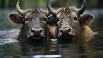 photo of heart-melting two Water Buffalos with an emphasis on expression of love. Generative AI