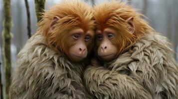 photo of heart-melting two Uakari with an emphasis on expression of love. Generative AI