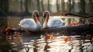 photo of heart-melting two Swans with an emphasis on expression of love. Generative AI