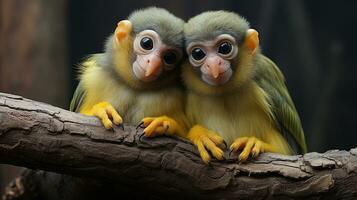 photo of heart-melting two Squirrel Monkeys with an emphasis on expression of love. Generative AI