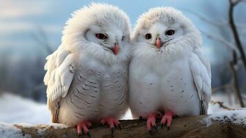 photo of heart-melting two Snowy Owls with an emphasis on expression of love. Generative AI