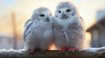 photo of heart-melting two Snowy Owls with an emphasis on expression of love. Generative AI