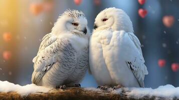 photo of heart-melting two Snowy Owls with an emphasis on expression of love. Generative AI