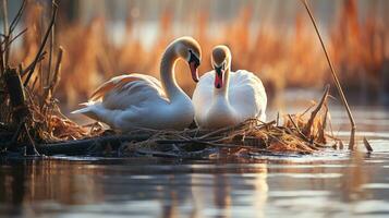 photo of heart-melting two Swans with an emphasis on expression of love. Generative AI