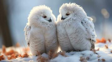 photo of heart-melting two Snowy Owls with an emphasis on expression of love. Generative AI