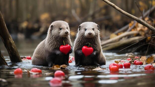 photo of heart-melting two Otters with an emphasis on expression of love. Generative AI