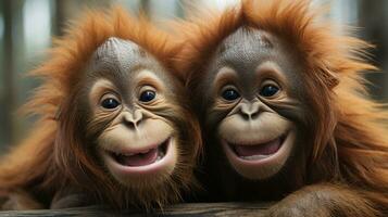foto de conmovedor dos orangutanes con un énfasis en expresión de amor. generativo ai