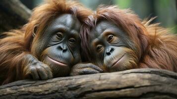 photo of heart-melting two Orangutans with an emphasis on expression of love. Generative AI