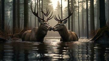 photo of heart-melting two Mooses with an emphasis on expression of love. Generative AI