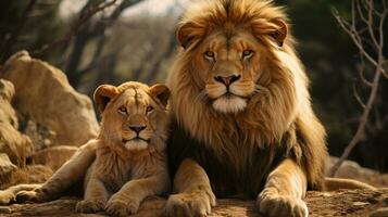 photo of heart-melting two Lions with an emphasis on expression of love. Generative AI