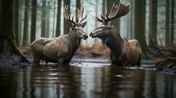 photo of heart-melting two Mooses with an emphasis on expression of love. Generative AI