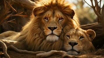 photo of heart-melting two Lions with an emphasis on expression of love. Generative AI