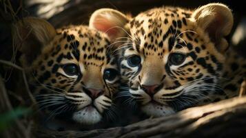 photo of heart-melting two Jaguars with an emphasis on expression of love. Generative AI