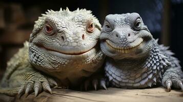 photo of heart-melting two Iguanas with an emphasis on expression of love. Generative AI