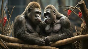 photo of heart-melting two Gorillas with an emphasis on expression of love. Generative AI