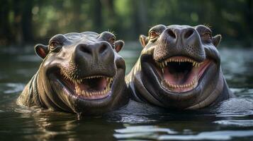 photo of heart-melting two Hippopotamuses with an emphasis on expression of love. Generative AI