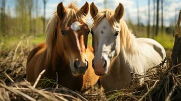 foto de conmovedor dos caballos con un énfasis en expresión de amor. generativo ai
