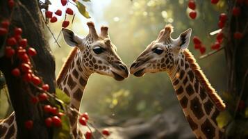 photo of heart-melting two Giraffes with an emphasis on expression of love. Generative AI