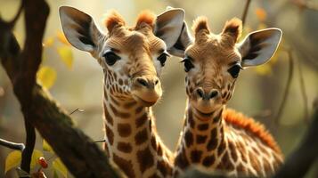 photo of heart-melting two Giraffes with an emphasis on expression of love. Generative AI