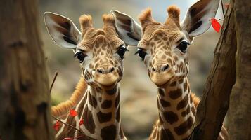 photo of heart-melting two Giraffes with an emphasis on expression of love. Generative AI