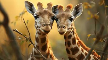 foto de conmovedor dos jirafas con un énfasis en expresión de amor. generativo ai