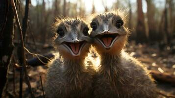 photo of heart-melting two Emus with an emphasis on expression of love. Generative AI