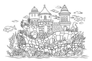 Fairytale castle by water.Underwater world.Simple line illustration for coloring book Atlantis.Coloring page. vector