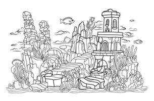 Fairytale castle by water.Underwater world.Simple line illustration for coloring book Atlantis.Coloring page. vector