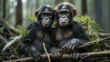 photo of heart-melting two Chimpanzees with an emphasis on expression of love. Generative AI