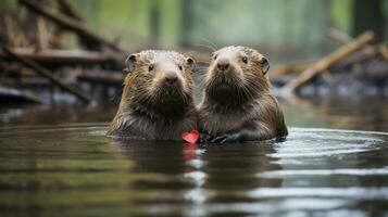 photo of heart-melting two Beavers with an emphasis on expression of love. Generative AI