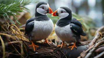 photo of heart-melting two Atlantic Puffins with an emphasis on expression of love. Generative AI