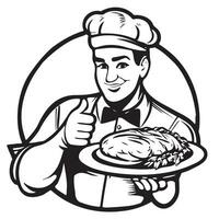 Chef holding dish in hands logo sketch hand drawn in doodle style Vector illustration