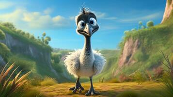 a cute little Emu in Disney cartoon style. Generative AI photo