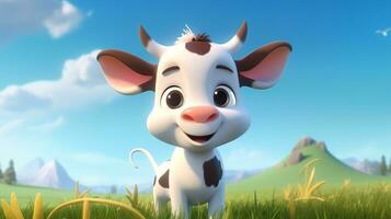 un linda pequeño vaca en disney dibujos animados estilo. generativo ai foto