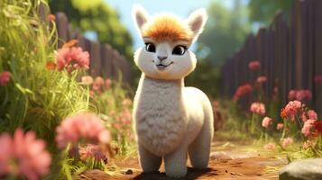 a cute little Alpaca in Disney cartoon style. Generative AI photo