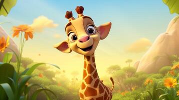 a cute little Giraffe in Disney cartoon style. Generative AI photo