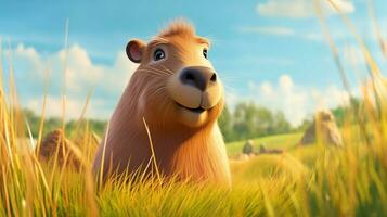 a cute little Capybara in Disney cartoon style. Generative AI photo