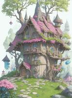 Charming Fantasy Fairy Doors wooden sign post with fairy houses in outdoor enchanted fairy garden in Ireland. photo