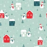 Christmas seamless pattern with cute snowman, snowflakes and cute house vector